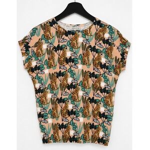 PepaLoves Peach Leopard Jungle Print Short Sleeve Knit Sweater Top XS
